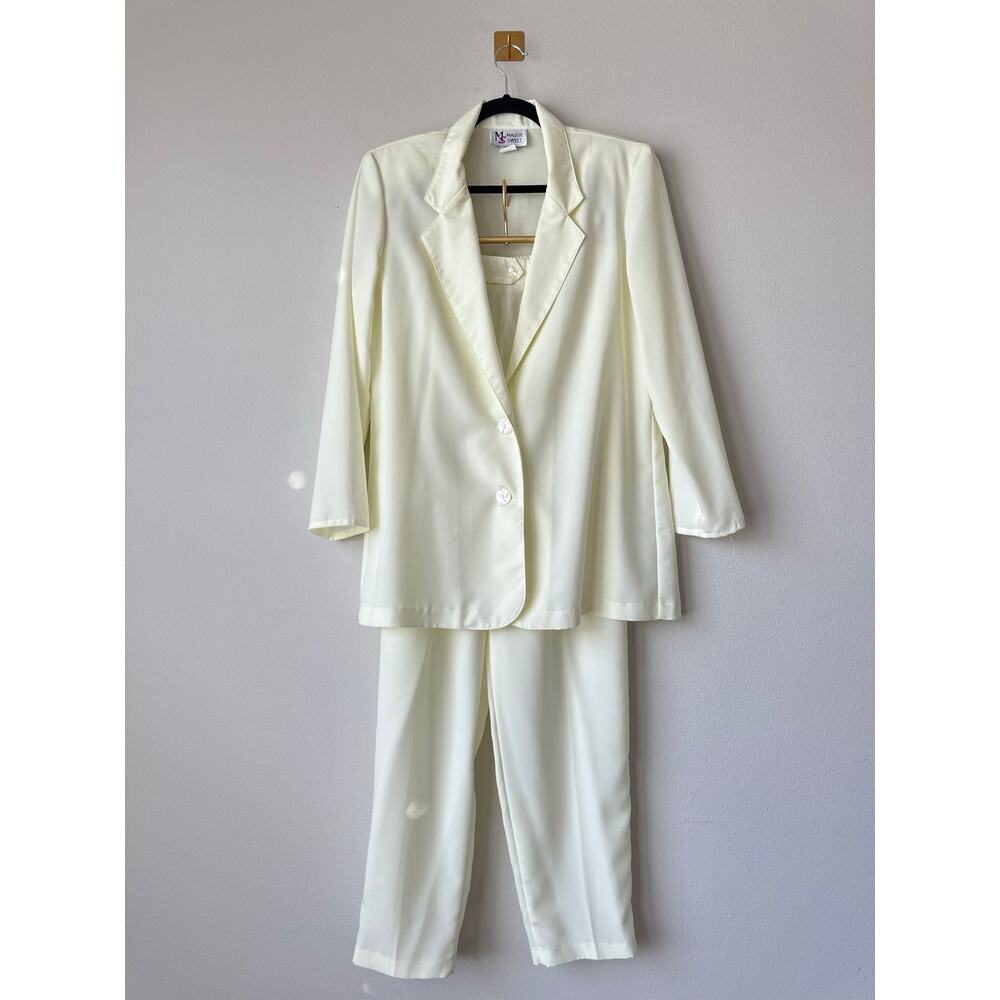 Vintage 90s Pale Yellow Pant Suit Set  Blazer Pants Oversized Fit Minimalist S